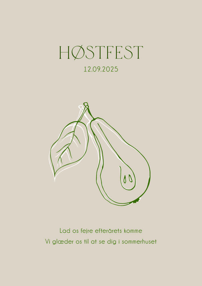 
                En skøn festinvitation til høstfest. Illustrationen viser én af efterårets lækre fugter og skaber en stemning og en retning for din festinvitation. Sæt dit eget præg på invitationen ved at skrive, hvilken type fest du inviterer til samt de praktiske informationer på bagsiden. Et unikt design til dine unikke invitationer.                